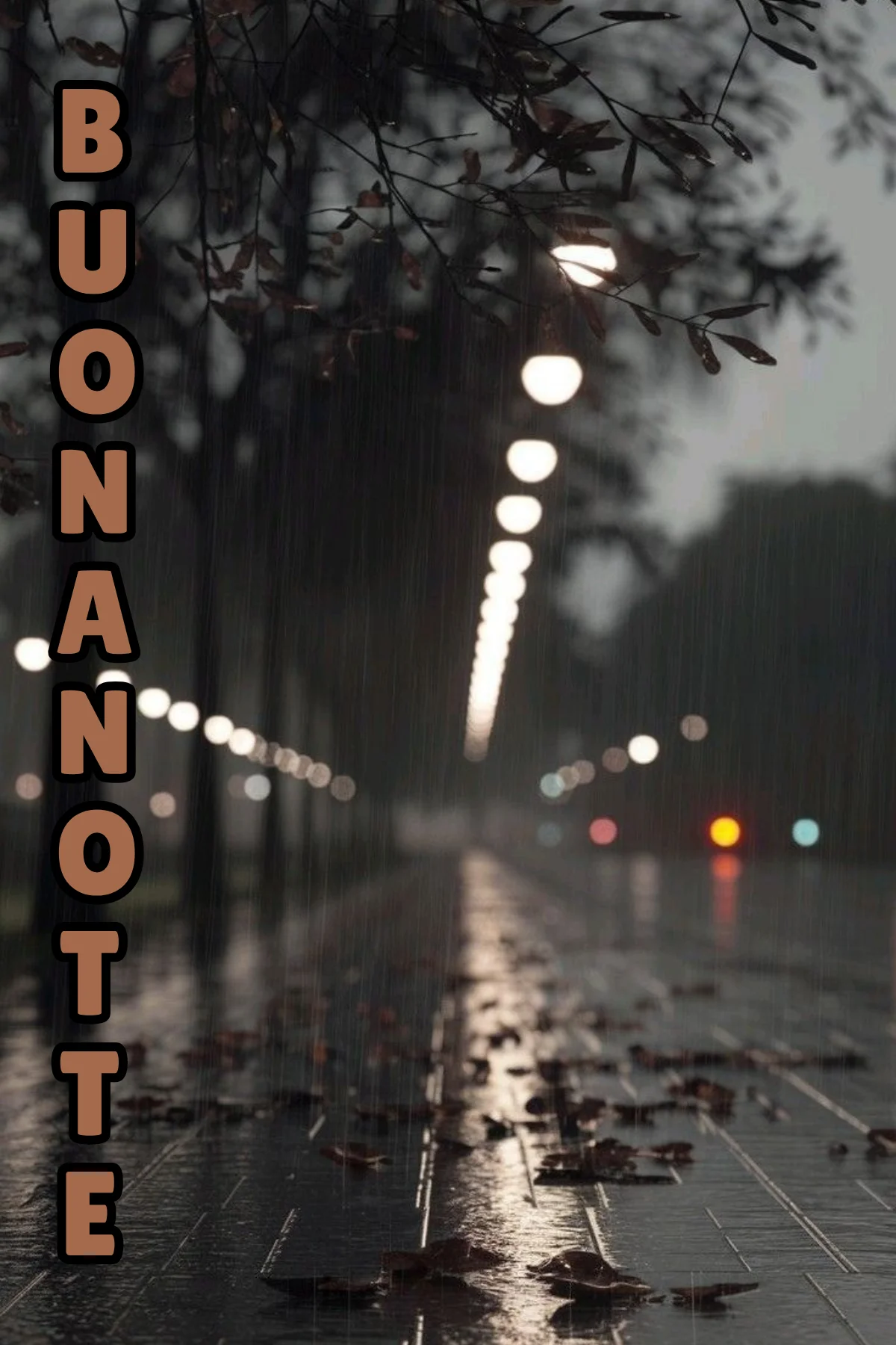 Strada piovosa notturna con lampioni riflessi sull'asfalto bagnato immagine buonanotte