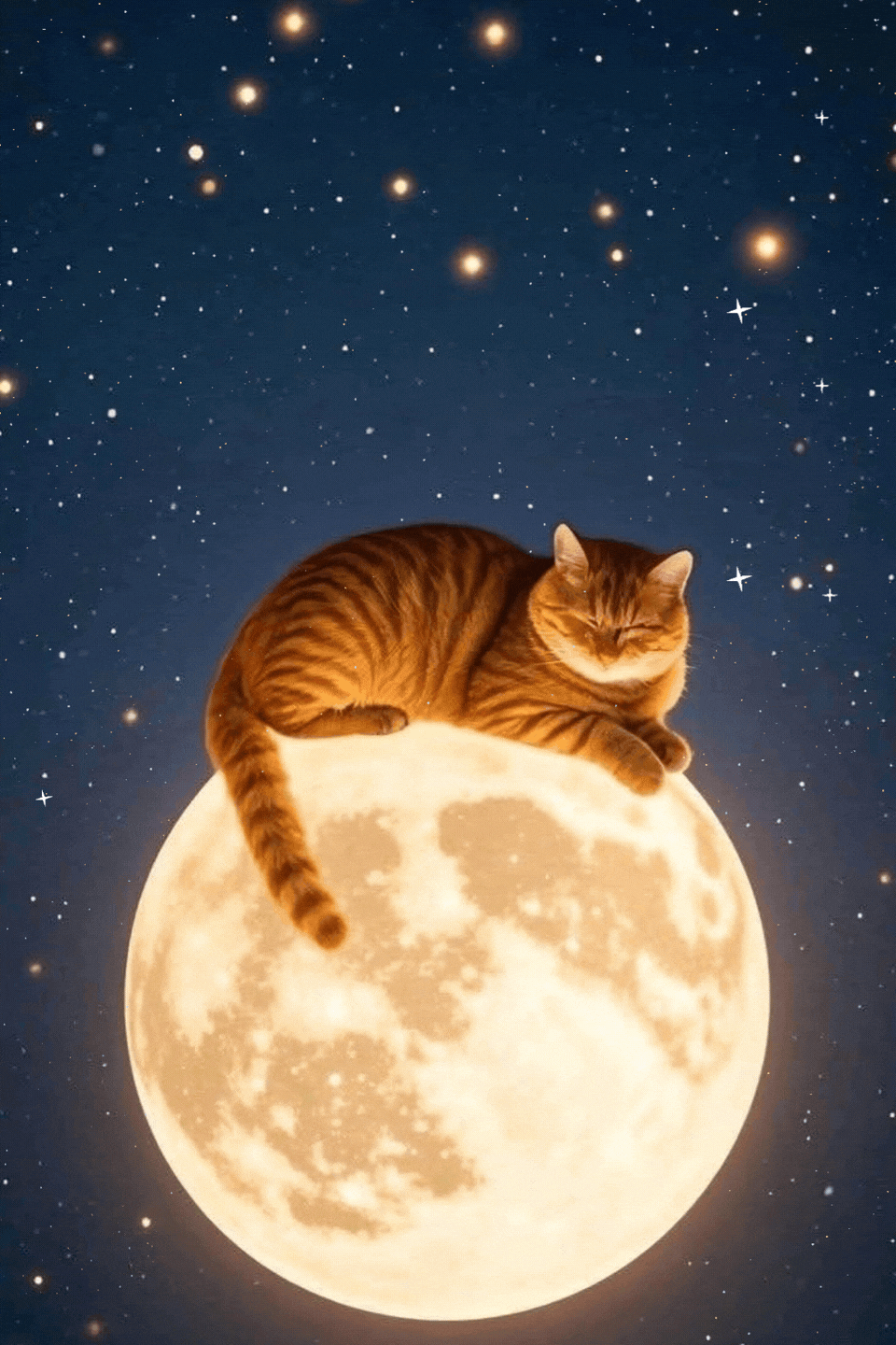 Gatto rosso tigrato addormentato sulla luna piena stellata buonanotte gif