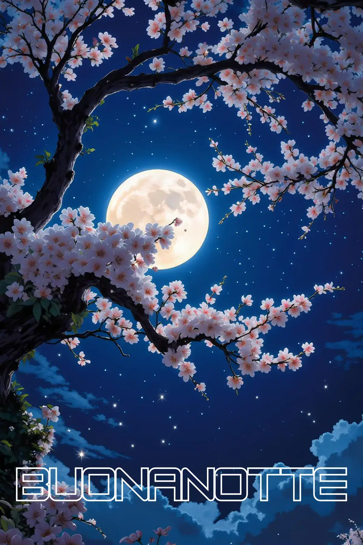 Luna piena tra ciliegi fioriti buonanotte sogni d'oro