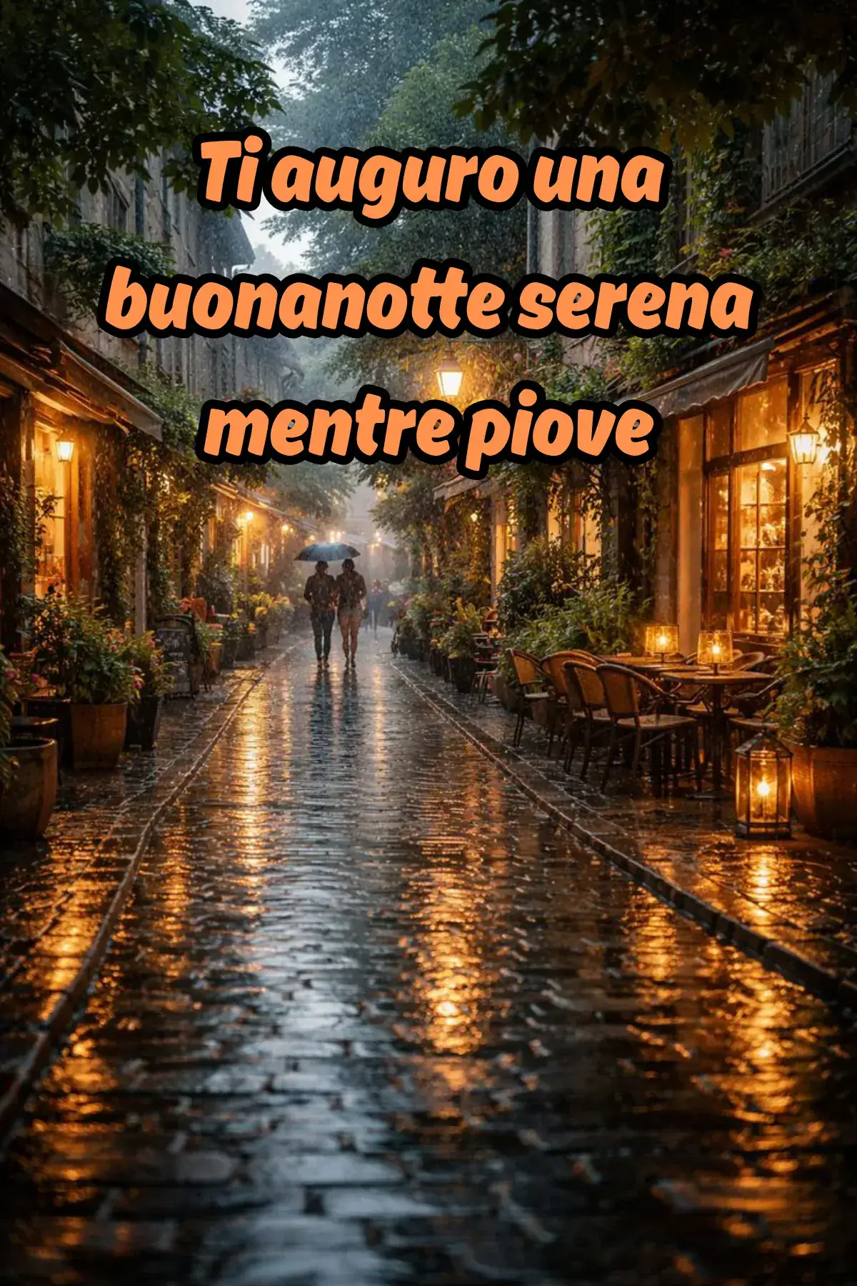 Vicolo con pioggia lampioni accesi e coppia sotto ombrello immagine buonanotte romantica