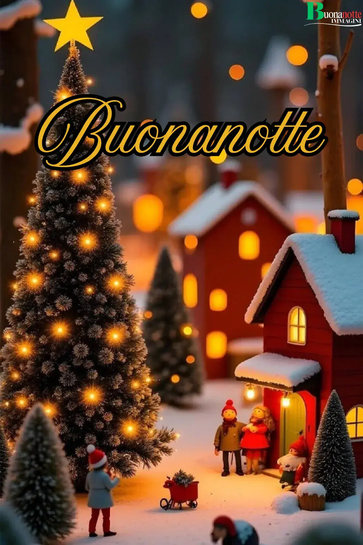 Villaggio natalizio in miniatura con albero illuminato e neve buonanotte natalizia