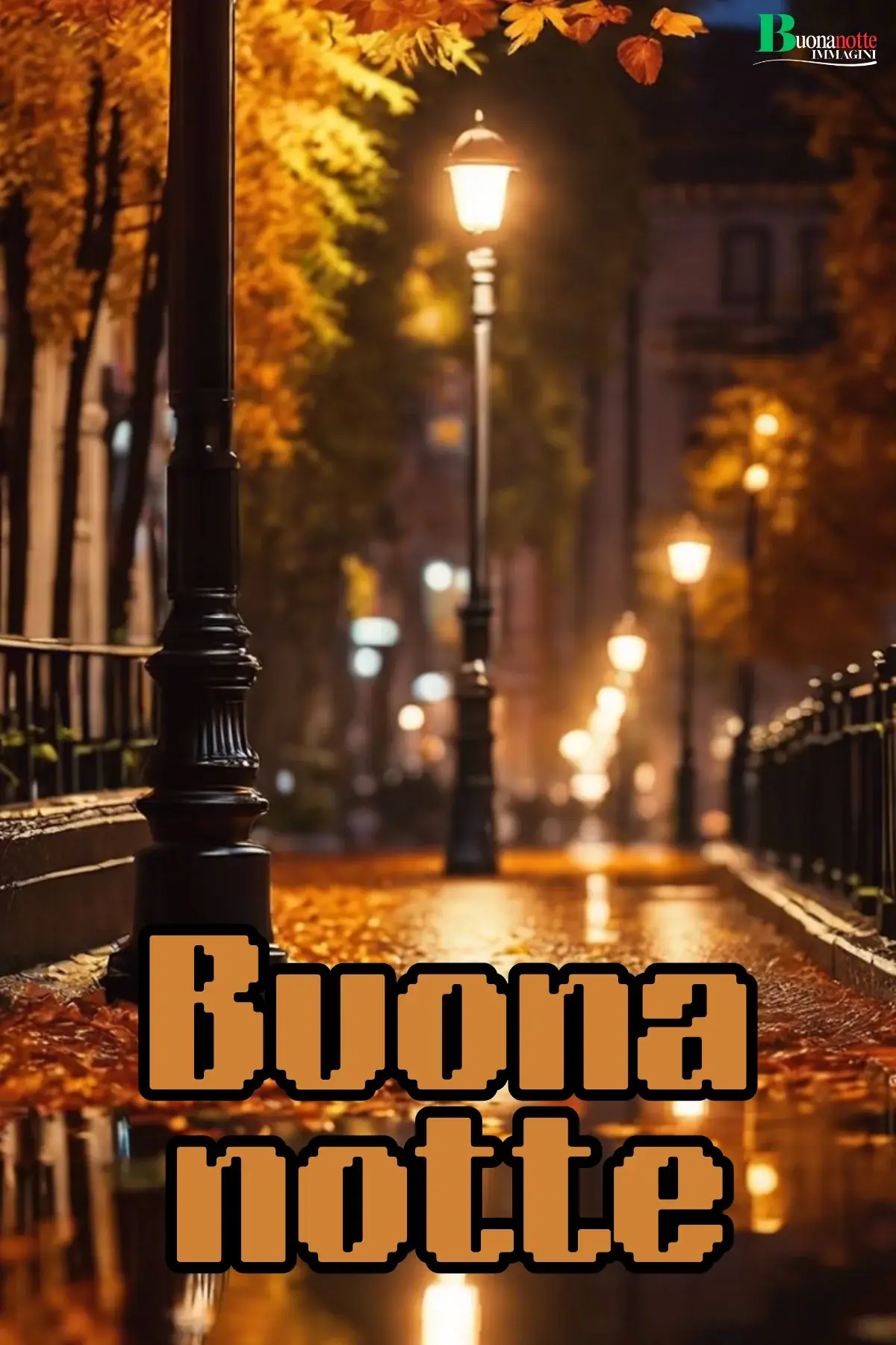 Viale notturno autunnale con lampioni e foglie dorate buonanotte autunnale