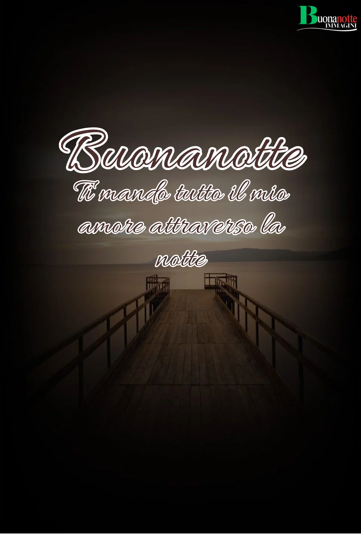 Pontile in legno sul lago al tramonto con frase buonanotte romantica