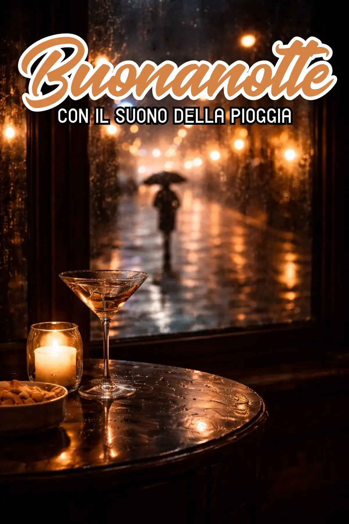 Tavolino con candela e calice davanti a vetrina con pioggia notturna immagine buonanotte bellissima