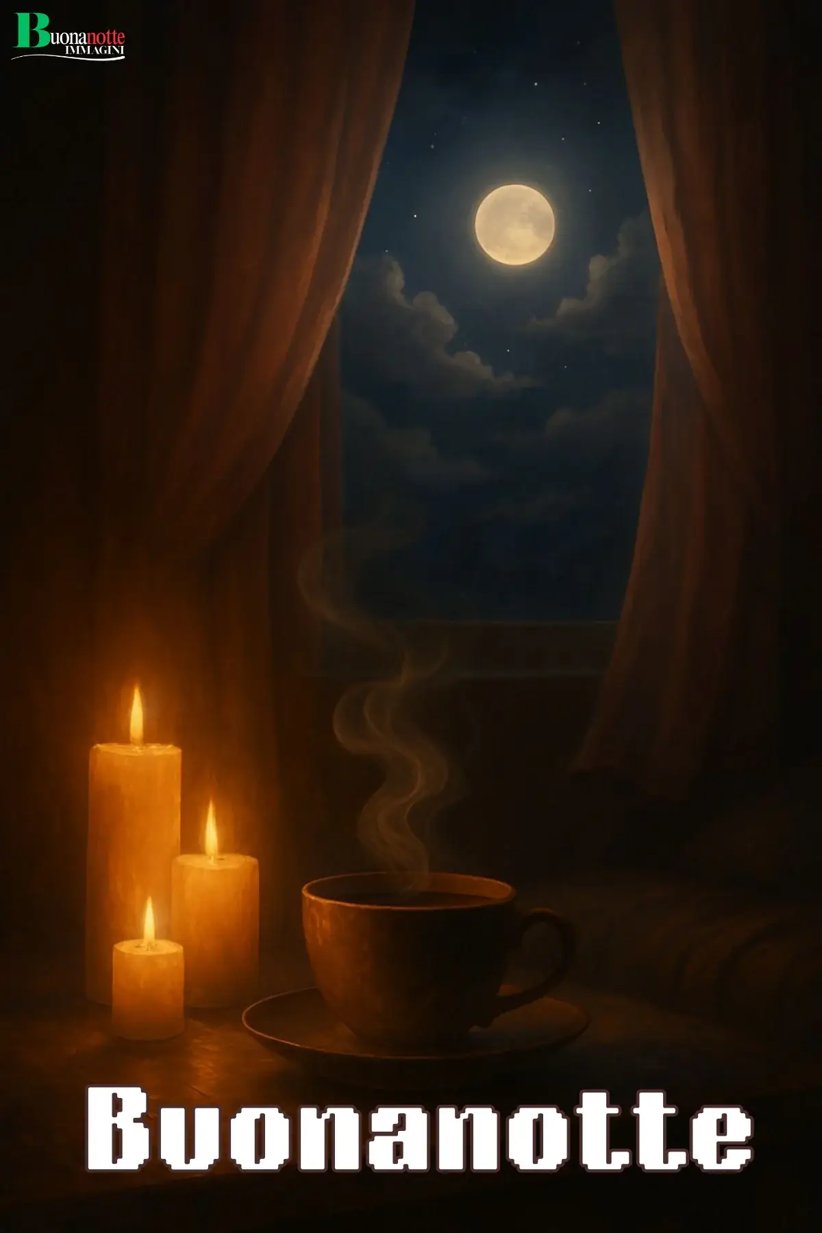 Candele accese e tazza fumante davanti a finestra con luna piena buonanotte