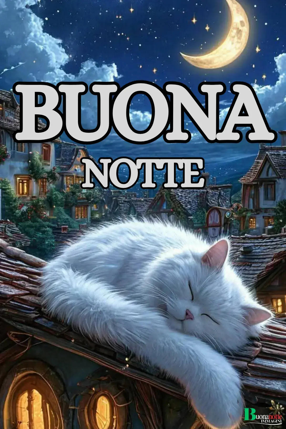 Gattino bianco sui tetti buonanotte invernale stellata