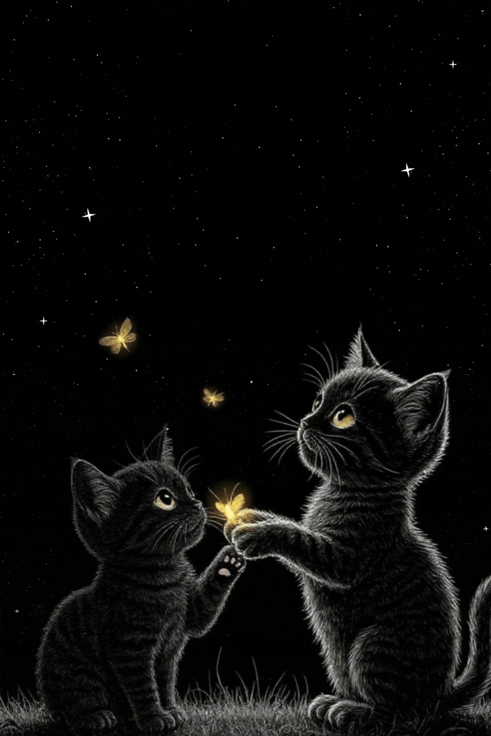 Due gattini neri con farfalle luminose cielo stellato buonanotte gif