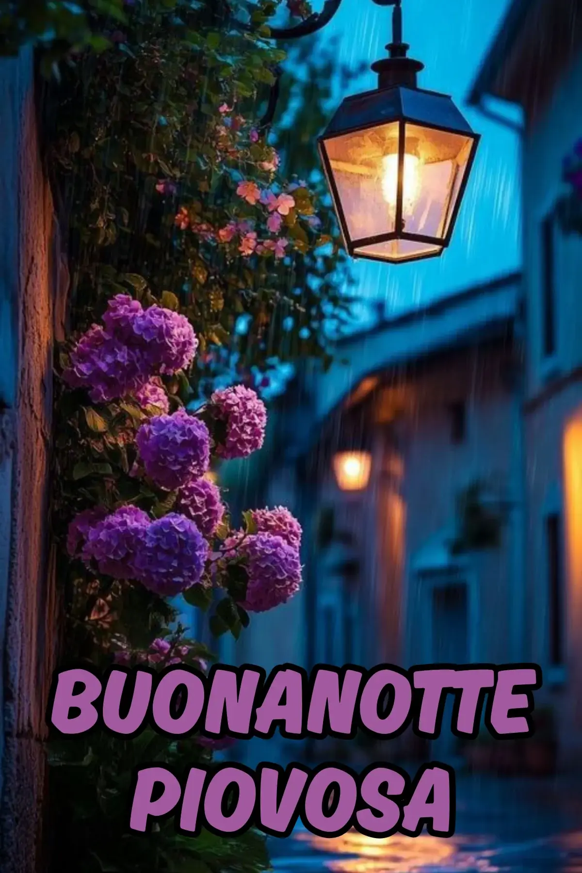 Ortensie viola sotto lanterna accesa in vicolo piovoso notturno immagine buonanotte romantica