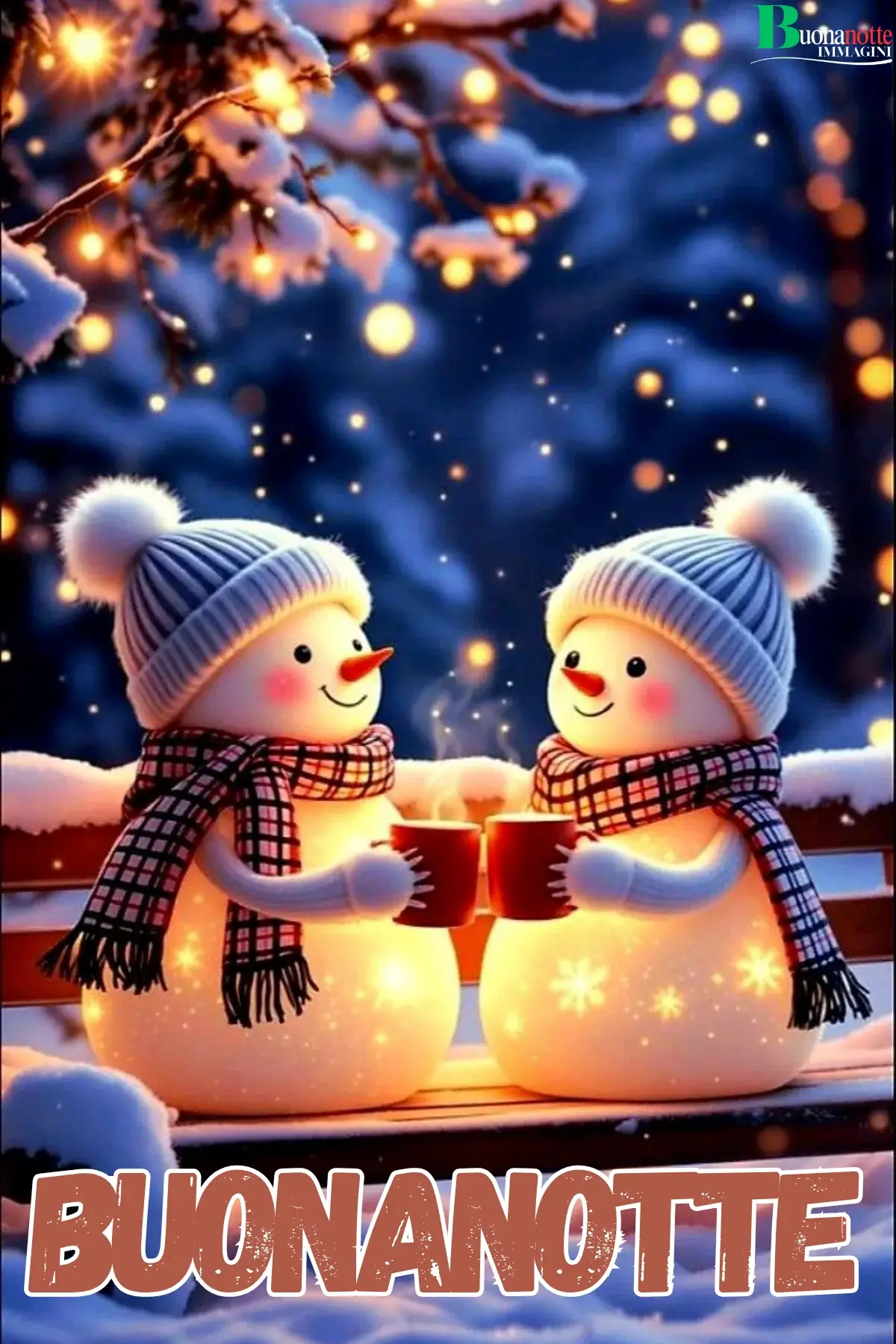 Due pupazzi di neve con cioccolata calda luci natalizie buonanotte natalizia