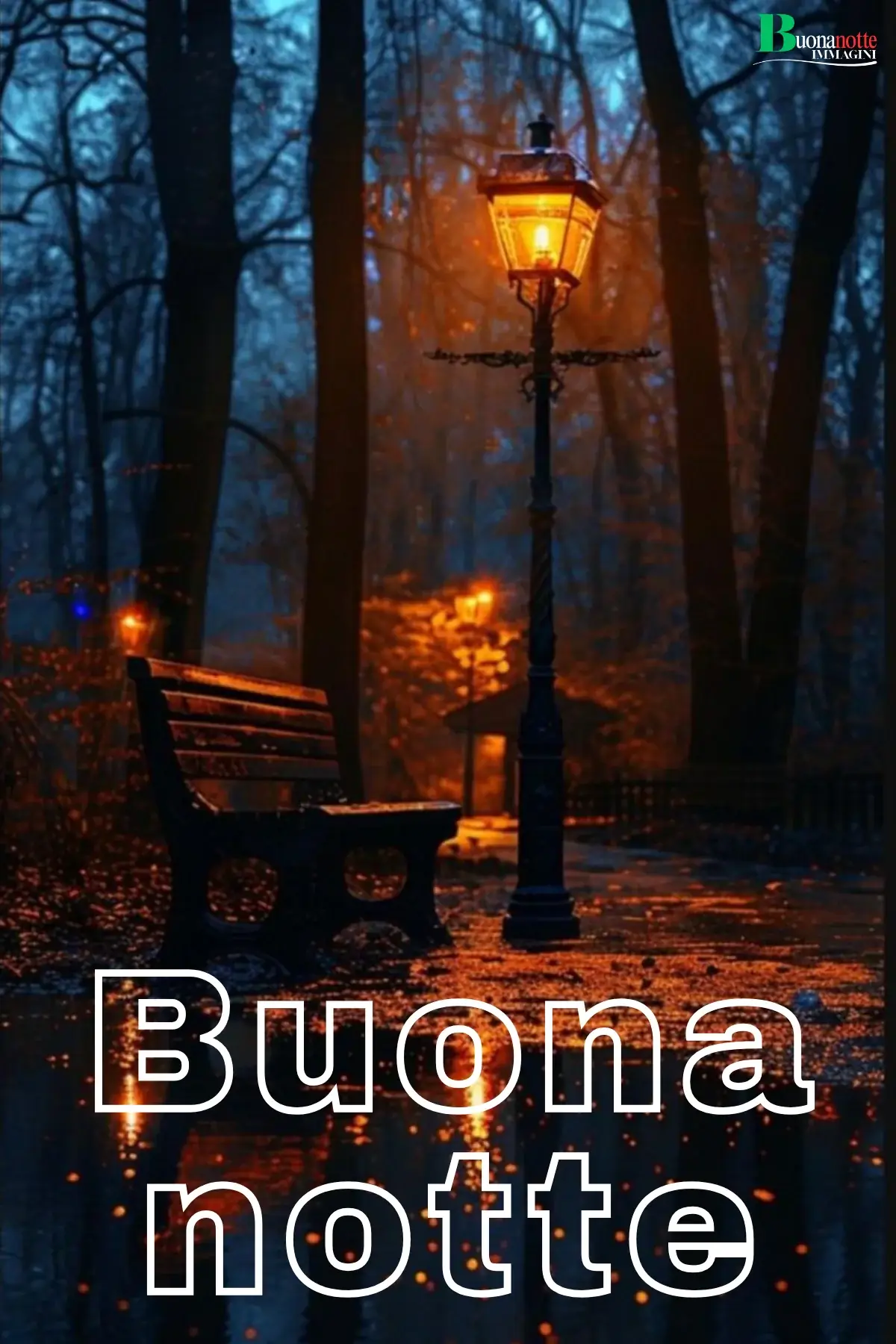 Lampione acceso panchina parco notturno pioggia autunnale buonanotte autunnale