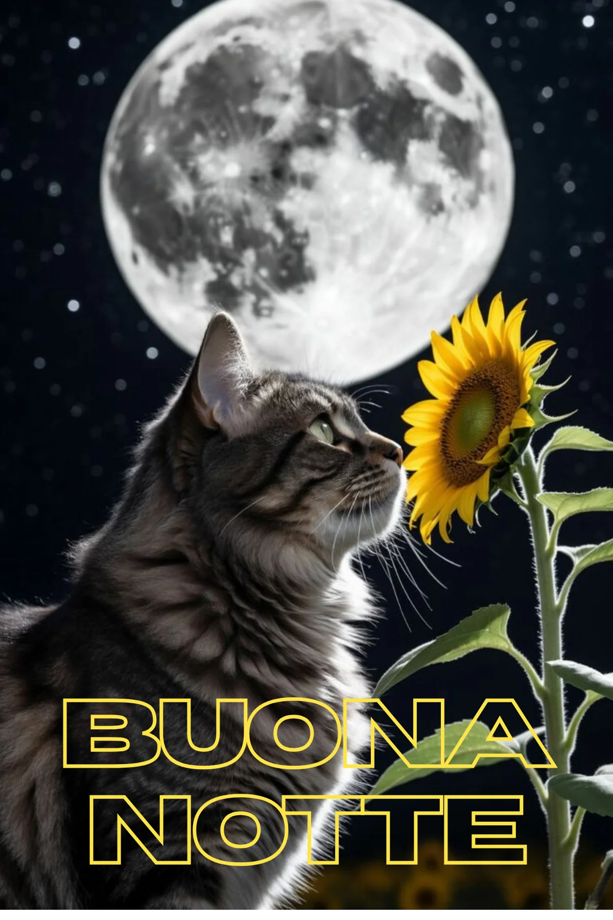 Gatto tigrato contempla luna piena accanto a girasole 100 immagini buonanotte