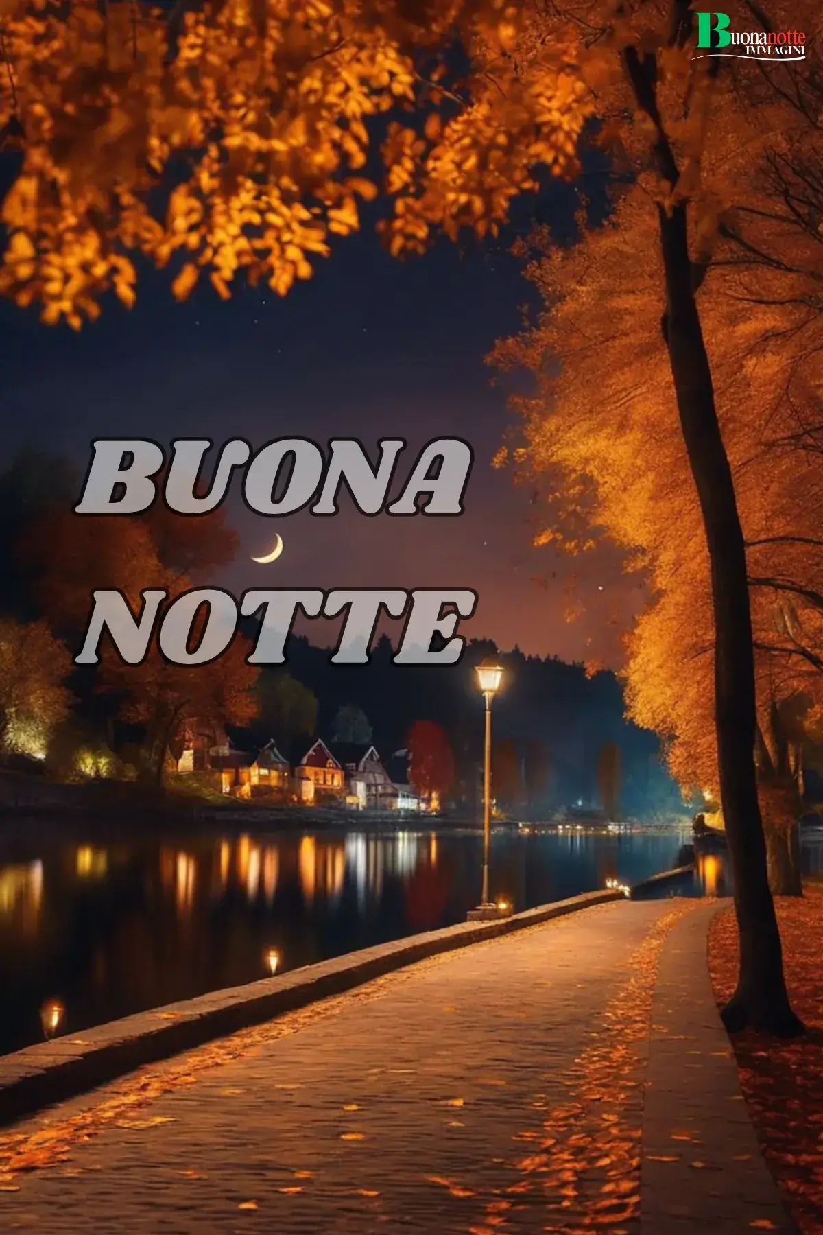 Lungolago autunnale notturno con alberi dorati lampioni e luna buonanotte autunnale