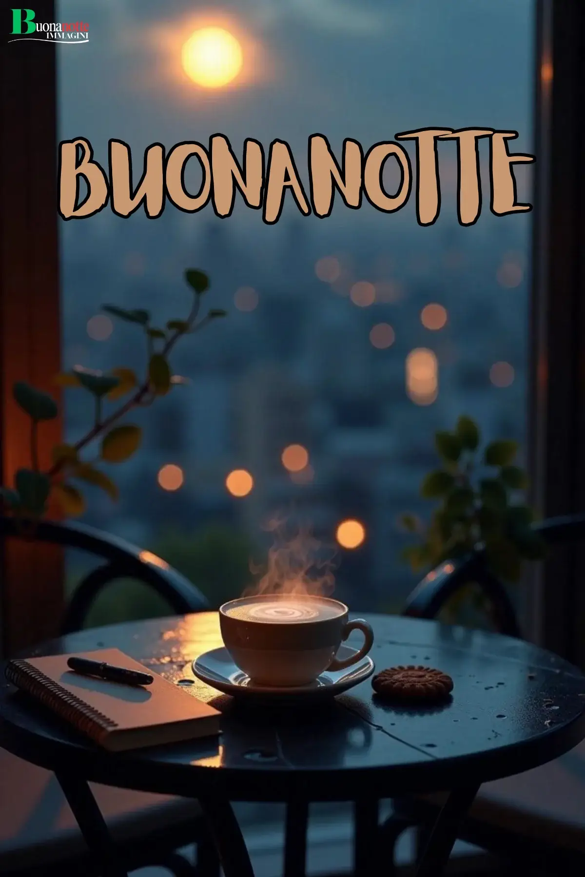 Tazza fumante su tavolino da balcone con luci città serale immagine buonanotte