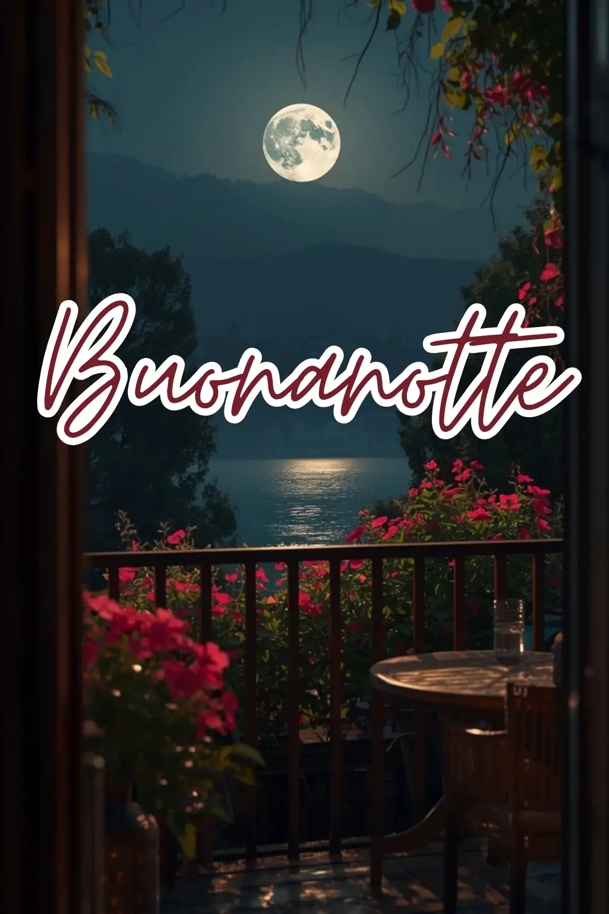 Balcone fiorito con vista lago e luna piena immagine buonanotte