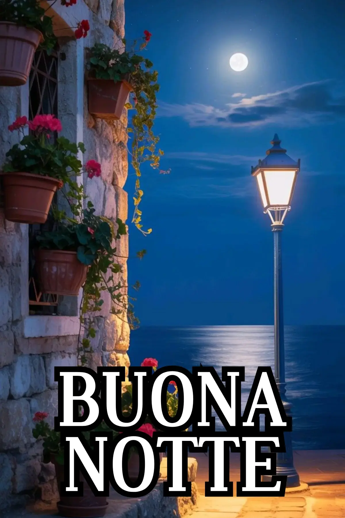 Borgo marinaro con lampione luna piena e gerani immagine buonanotte romantica