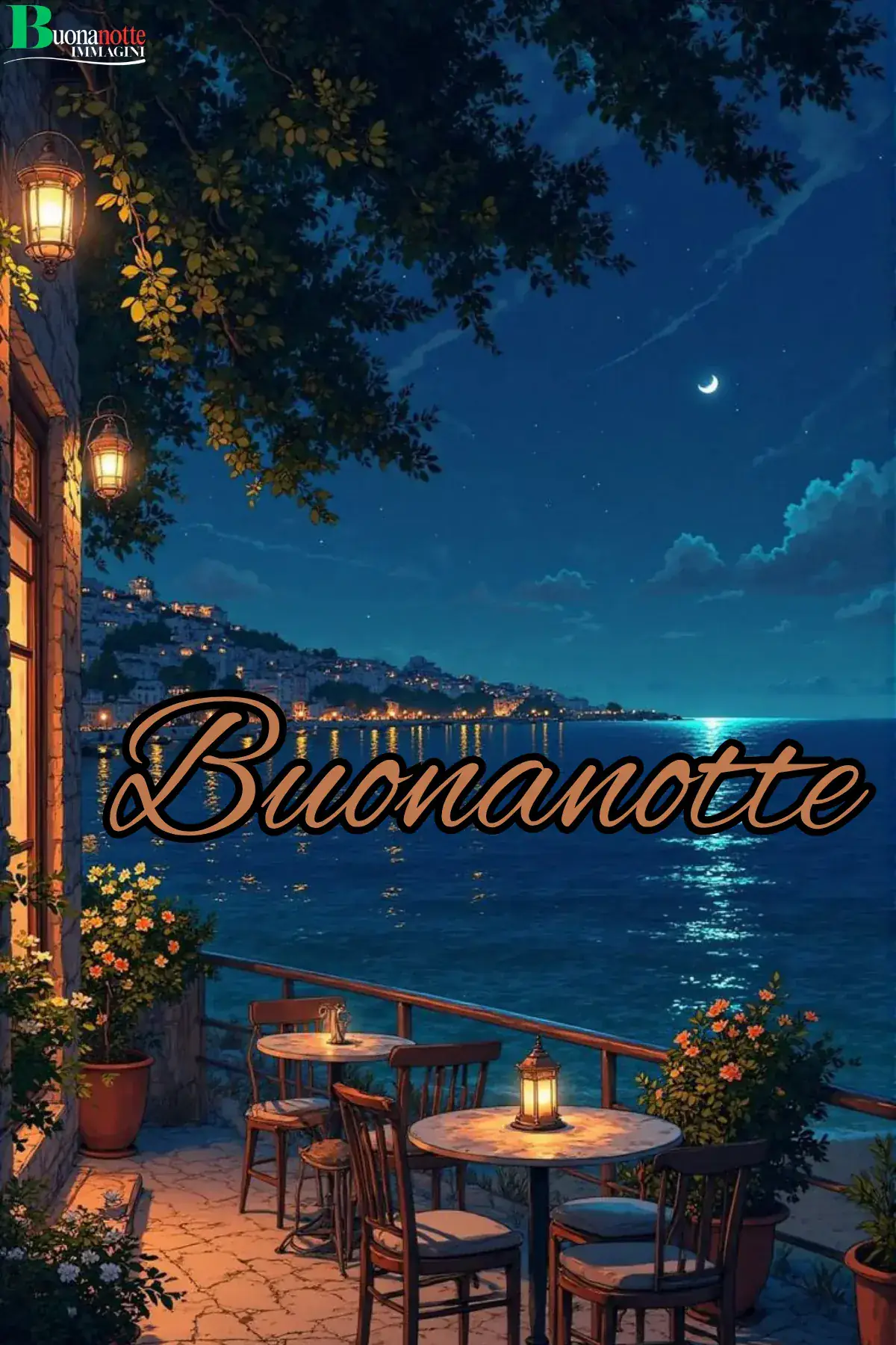 Terrazza con lanterne e tavolini sul mare di notte buonanotte estiva