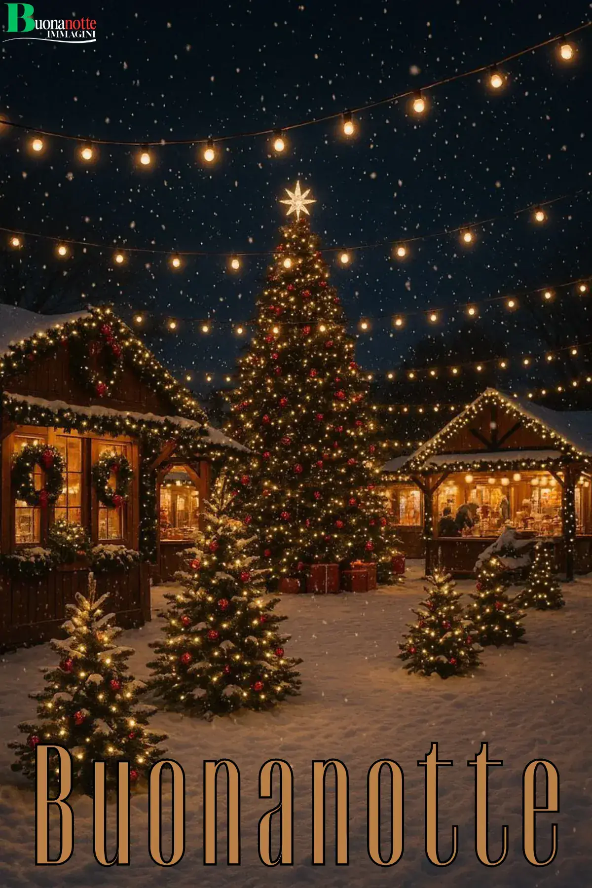 Mercatino di Natale innevato con alberi illuminati e casette di legno buonanotte natalizia