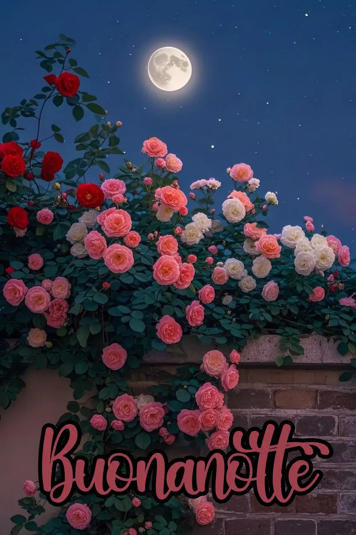 Rose colorate sotto luna piena frasi buonanotte cuore