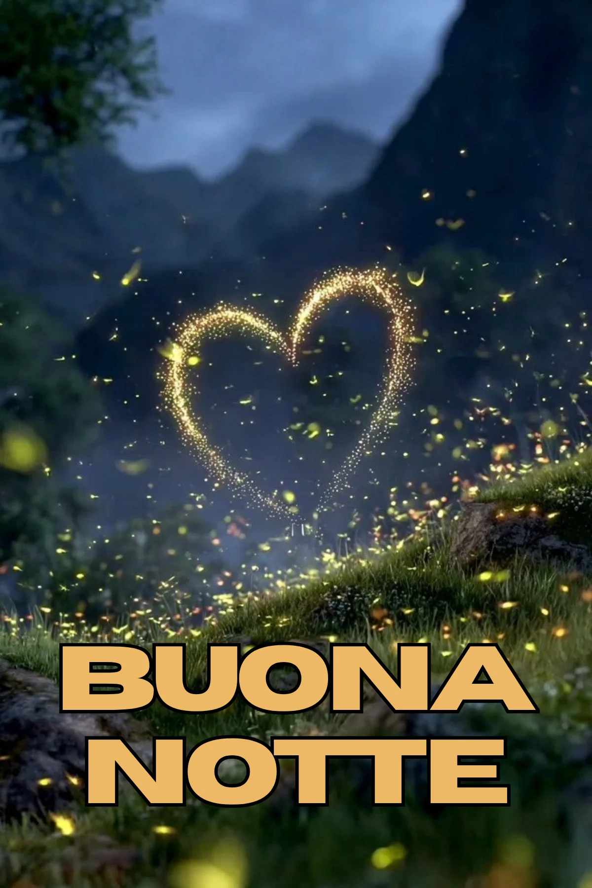 Cuore luminoso di lucciole tra montagne notturne buonanotte speciale
