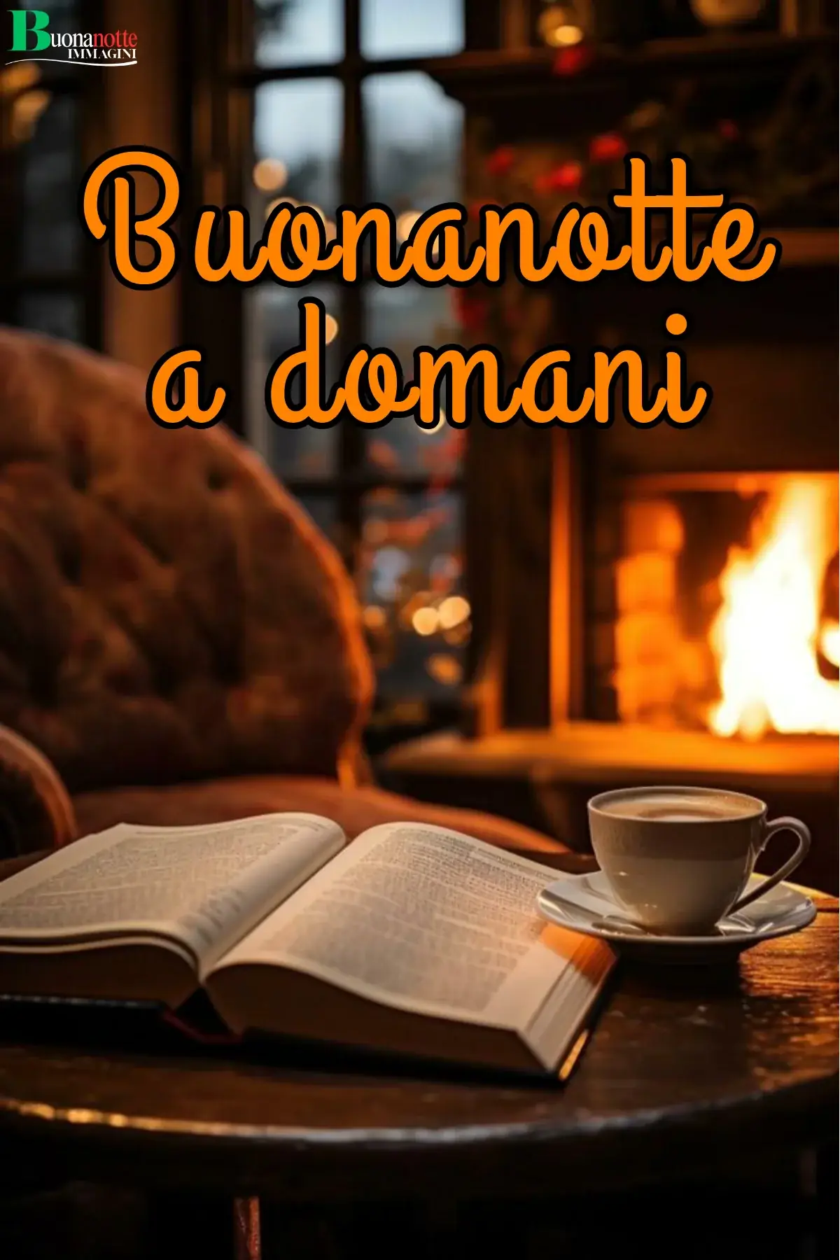 Libro aperto tazza camino acceso poltrona buonanotte a domani