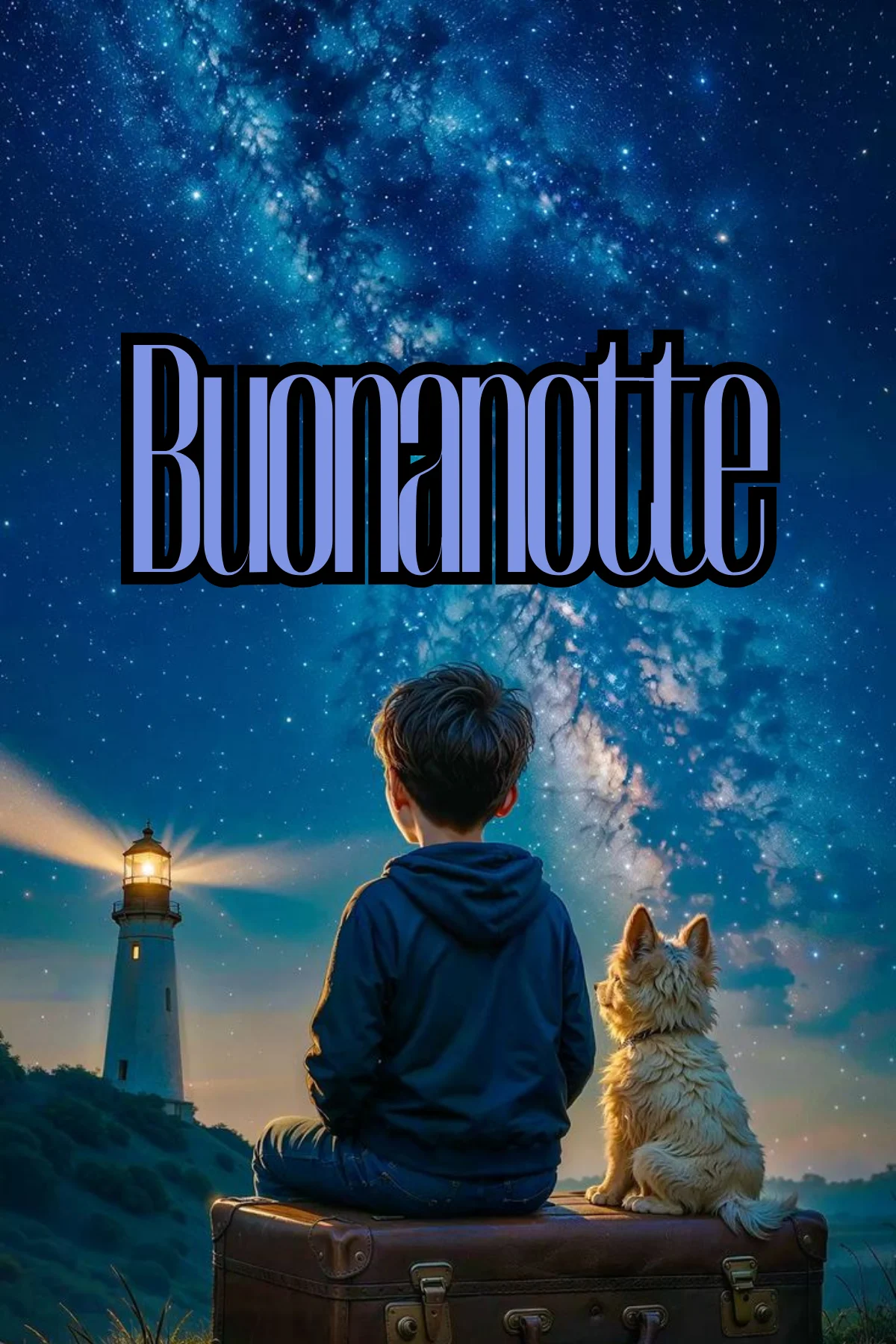 Bambino e cagnolino sotto cielo stellato con faro immagini buonanotte nuove