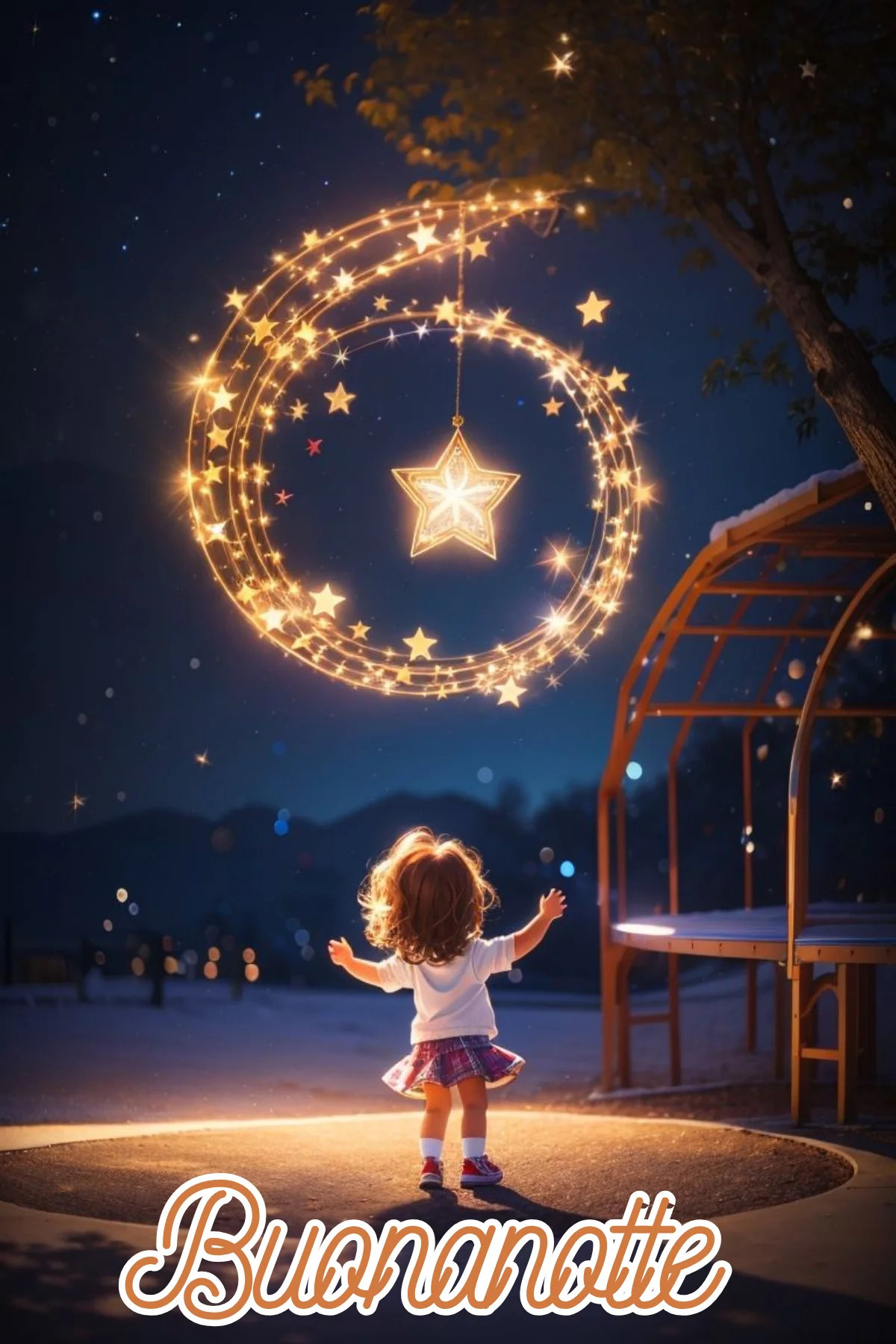 Bimba di spalle ammira luna luminosa di stelle buonanotte WhatsApp