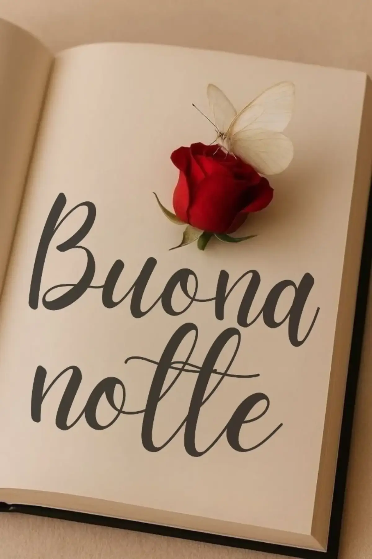 Libro aperto con rosa rossa e farfalla bianca immagine buonanotte romantica