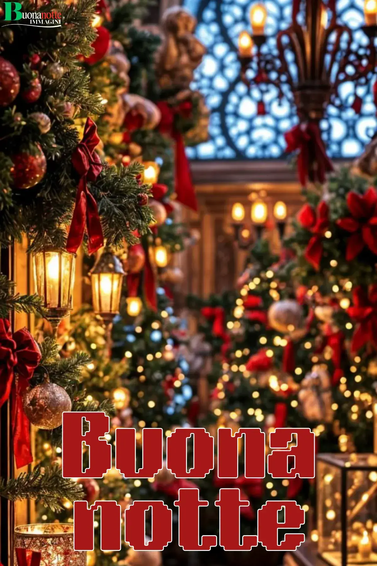 Alberi di Natale con fiocchi rossi e lanterne dorate buonanotte natalizia