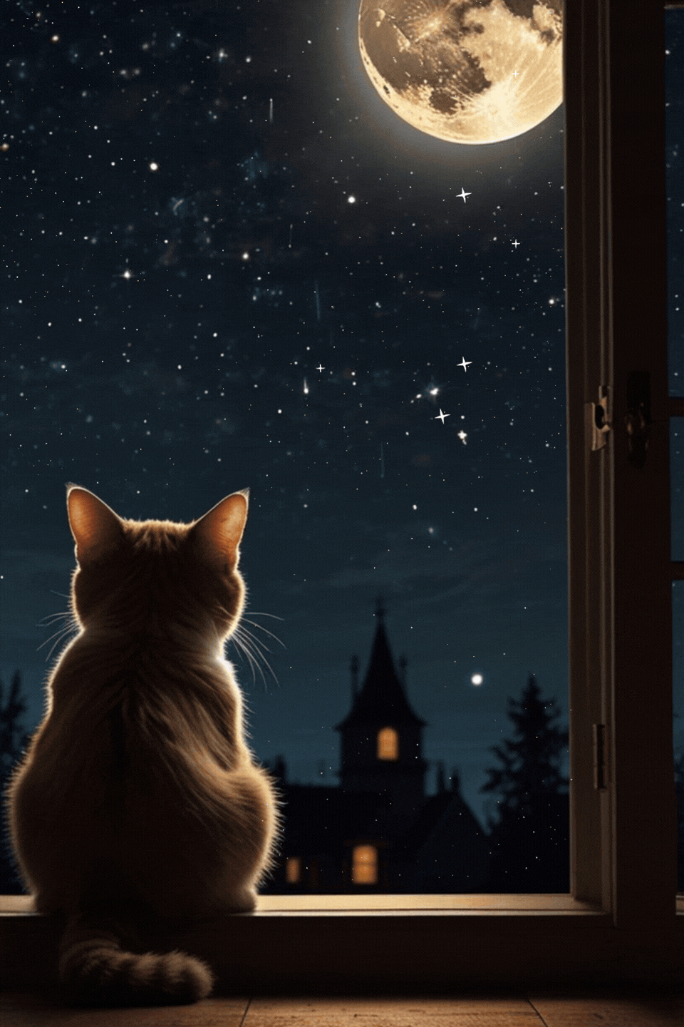 Gattino sul davanzale guarda la luna piena stellata buonanotte gif