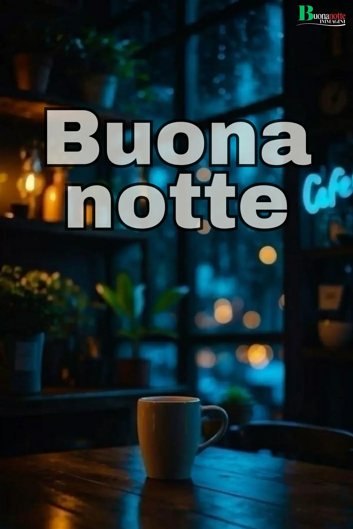 Tazza in caffè notturno con luci blu soffuse immagine buonanotte