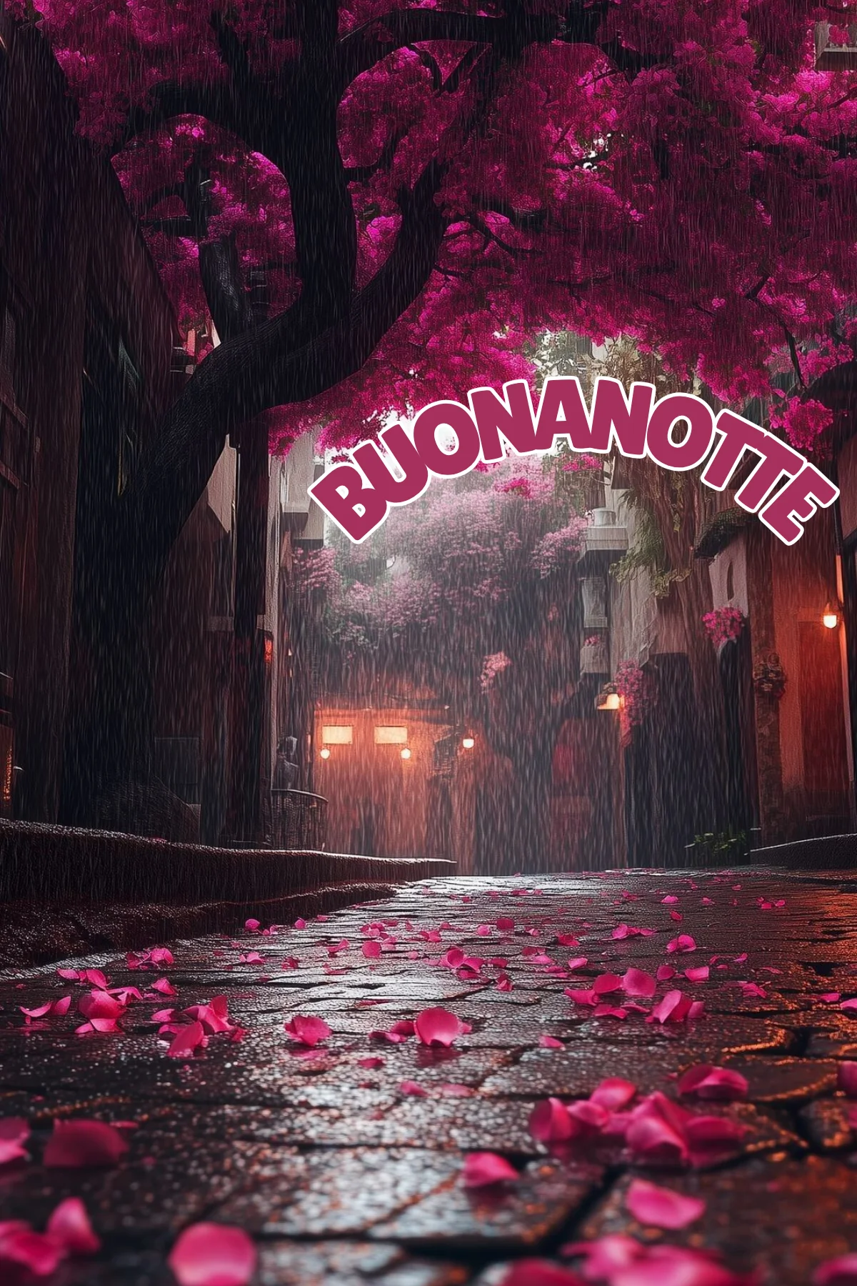 Strada acciottolata sotto la pioggia con petali rosa e lanterne buonanotte