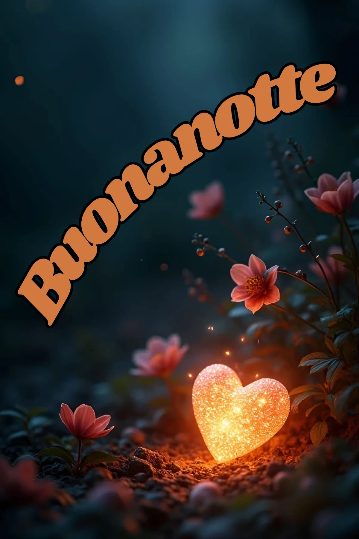 Cuore luminoso scintillante tra fiori rosa nel giardino notturno immagine buonanotte nuova