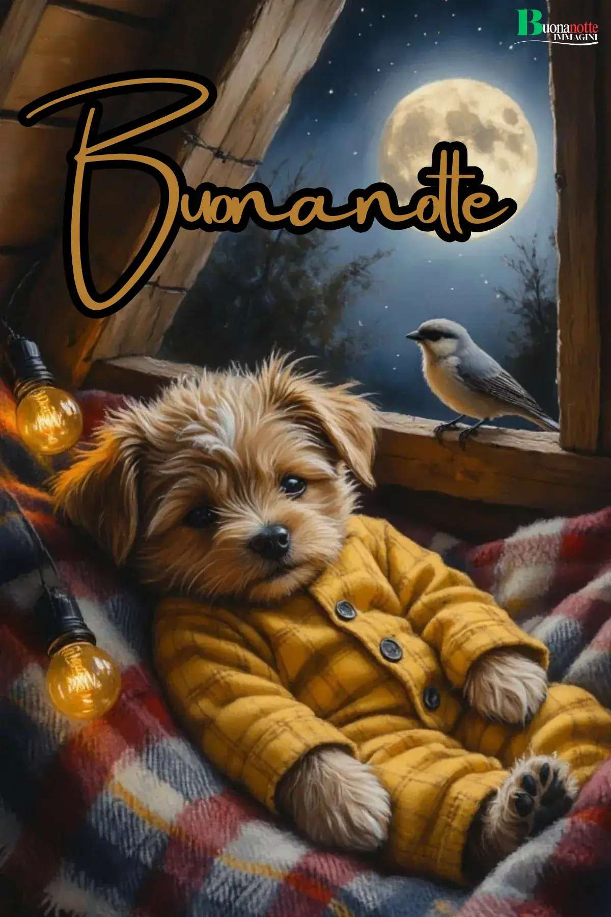 Cucciolo con giubbotto giallo su coperta scozzese sotto la luna buonanotte divertente