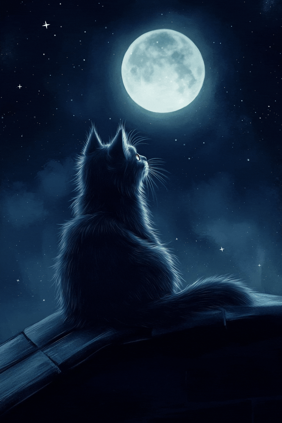 Gatto nero sul tetto contempla luna piena stellata buonanotte gif