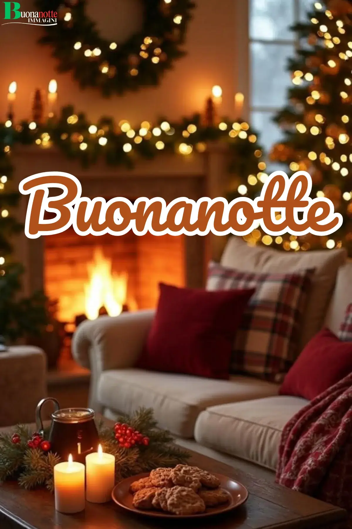 Salotto natalizio con camino acceso ghirlande luminose e biscotti buonanotte natalizia