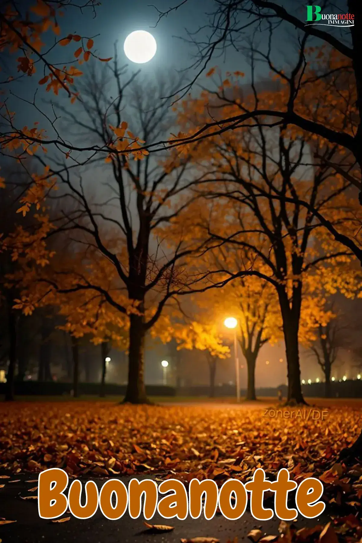 Viale autunnale notturno con luna piena foglie dorate e lampioni buonanotte autunnale