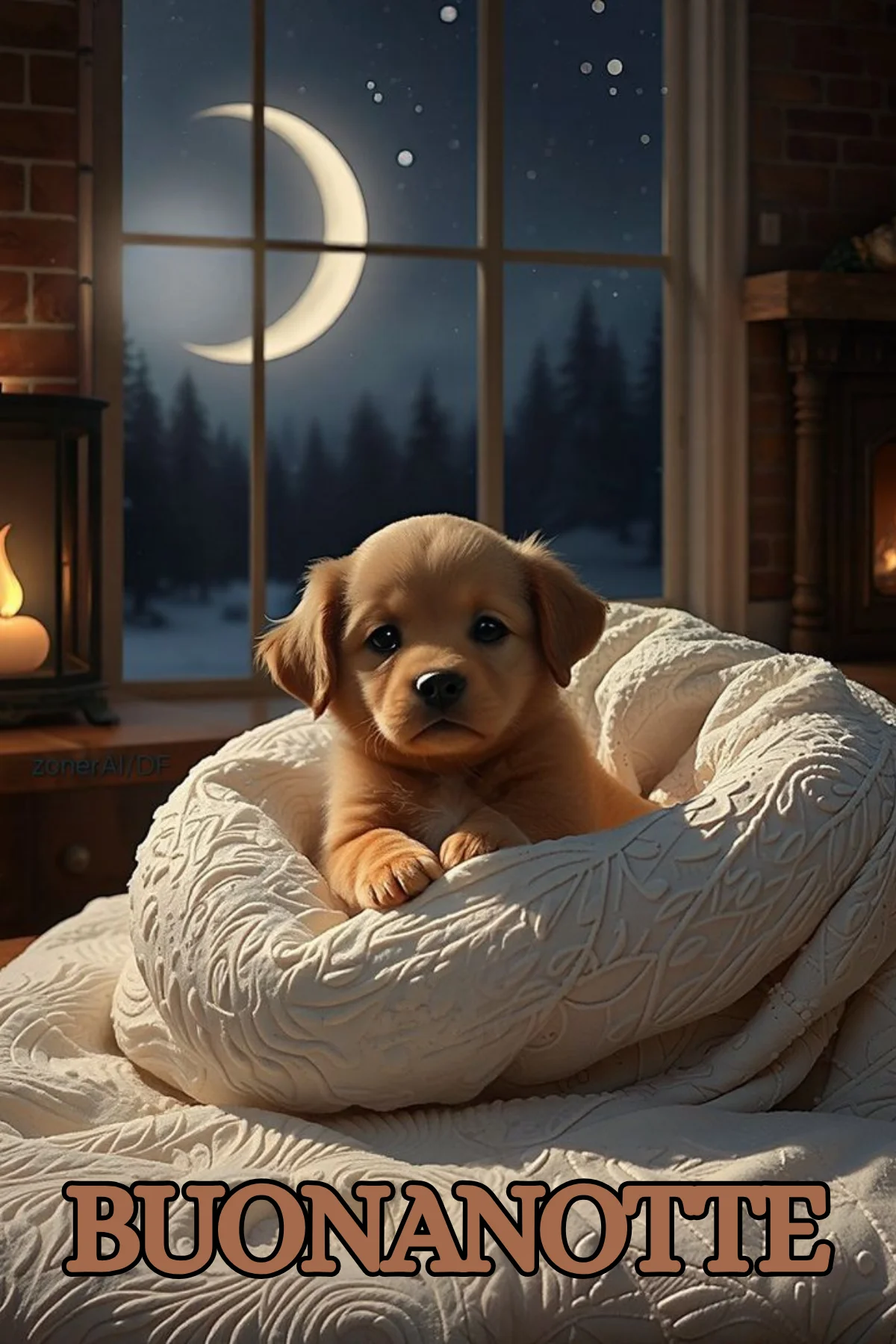 Cucciolo tra coperte buonanotte invernale luna crescente