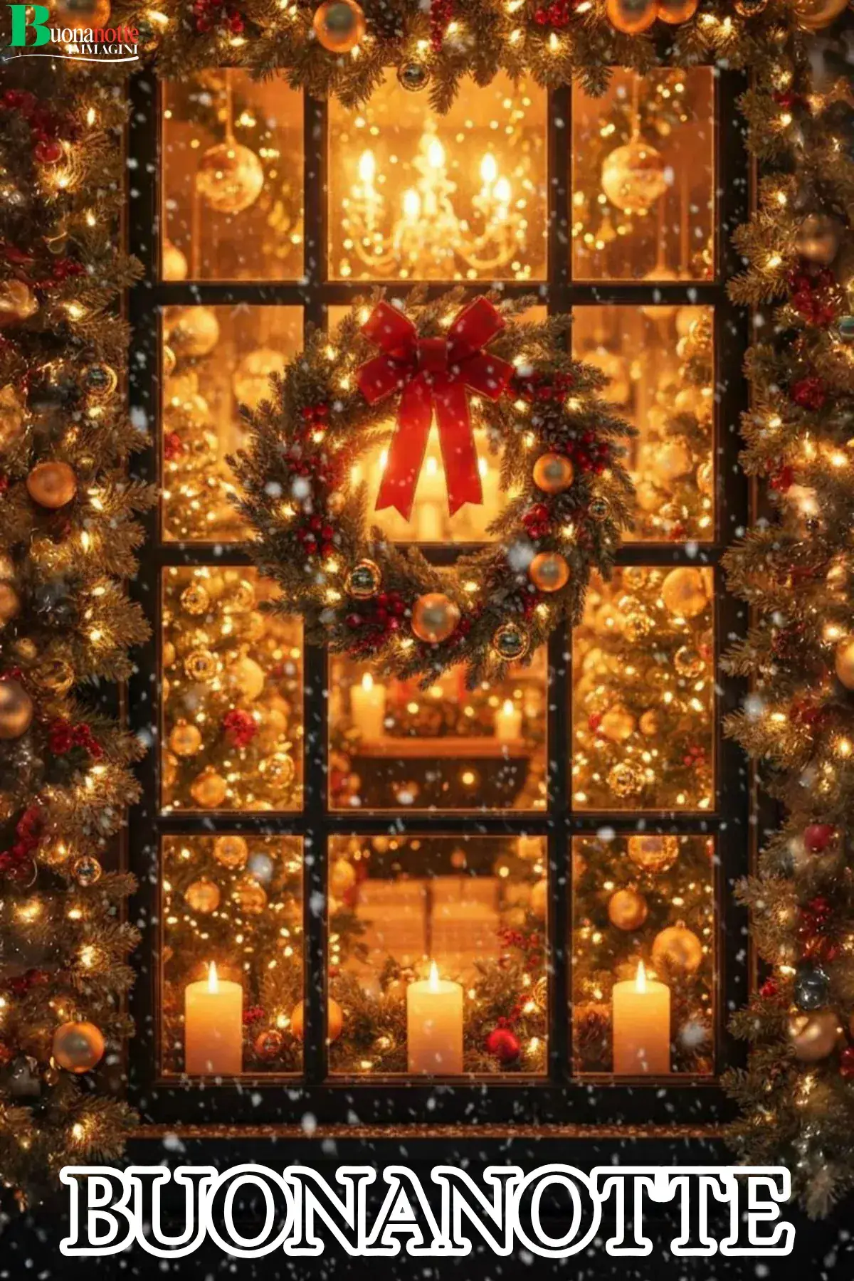 Finestra natalizia con ghirlanda fiocco rosso candele e neve buonanotte natalizia