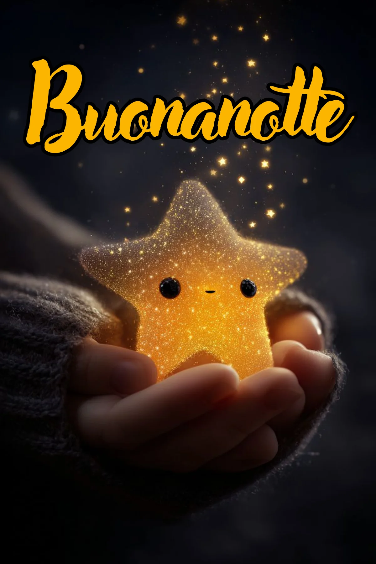 Stellina luminosa dorata con occhi teneri tra mani calde buonanotte WhatsApp