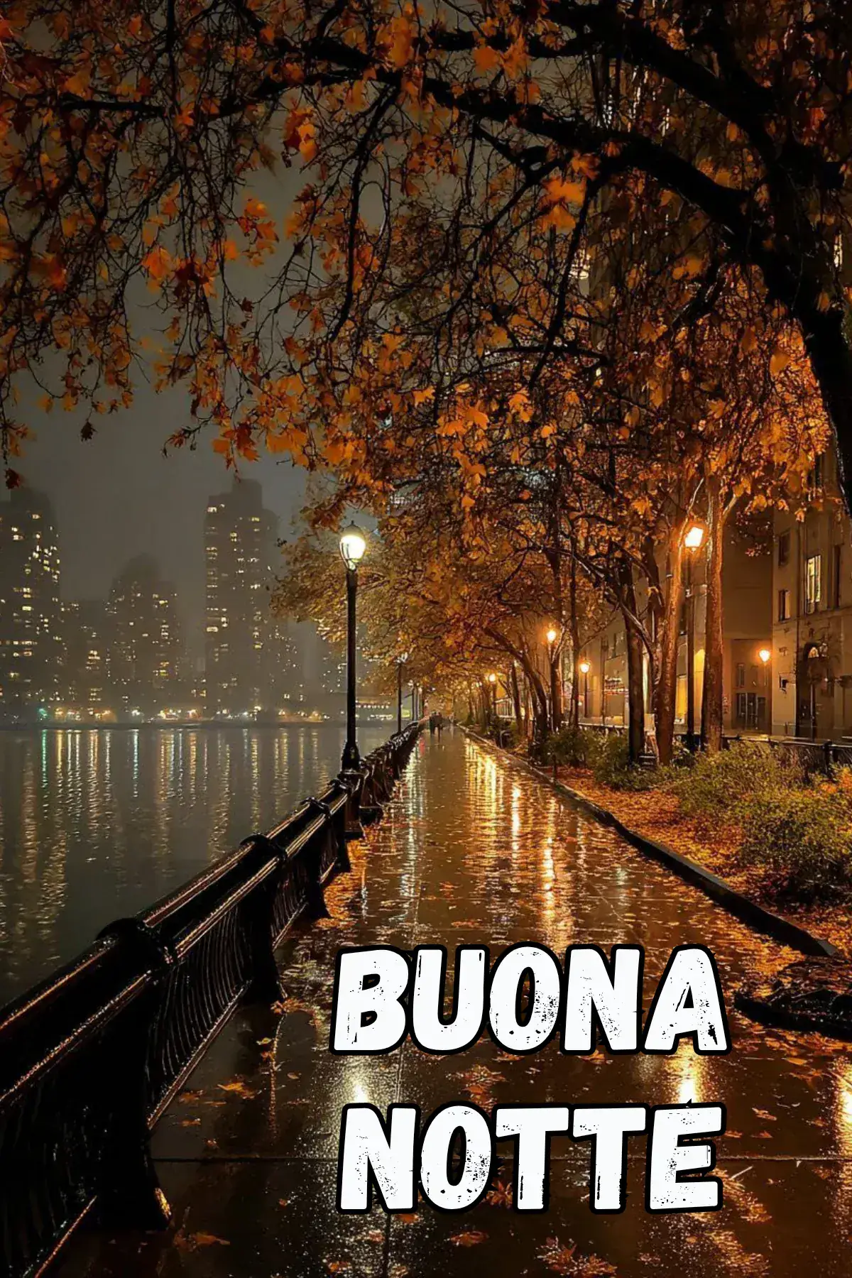 Lungolago notturno piovoso con foglie autunnali e lampioni buonanotte autunnale