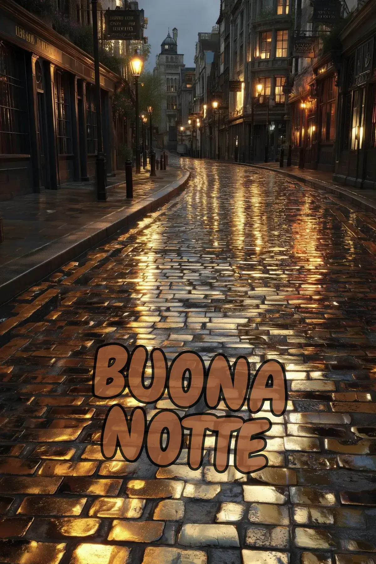 Strada acciottolata bagnata con riflessi dorati dei lampioni notturni immagine buonanotte WhatsApp