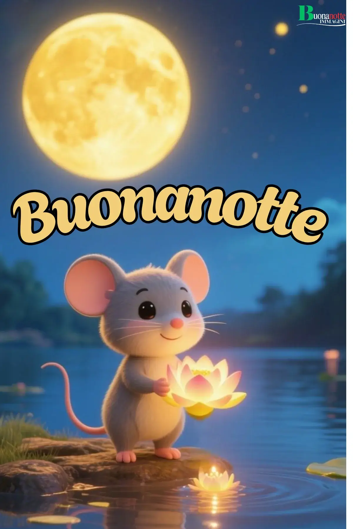 Topolino con fiore di loto luminoso sotto luna piena buonanotte divertente