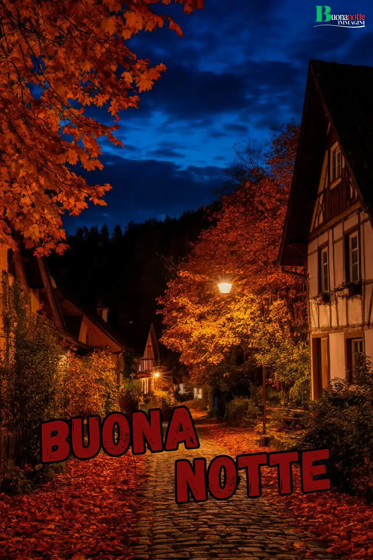 Borgo notturno autunnale con lampioni foglie rosse e casette buonanotte autunnale