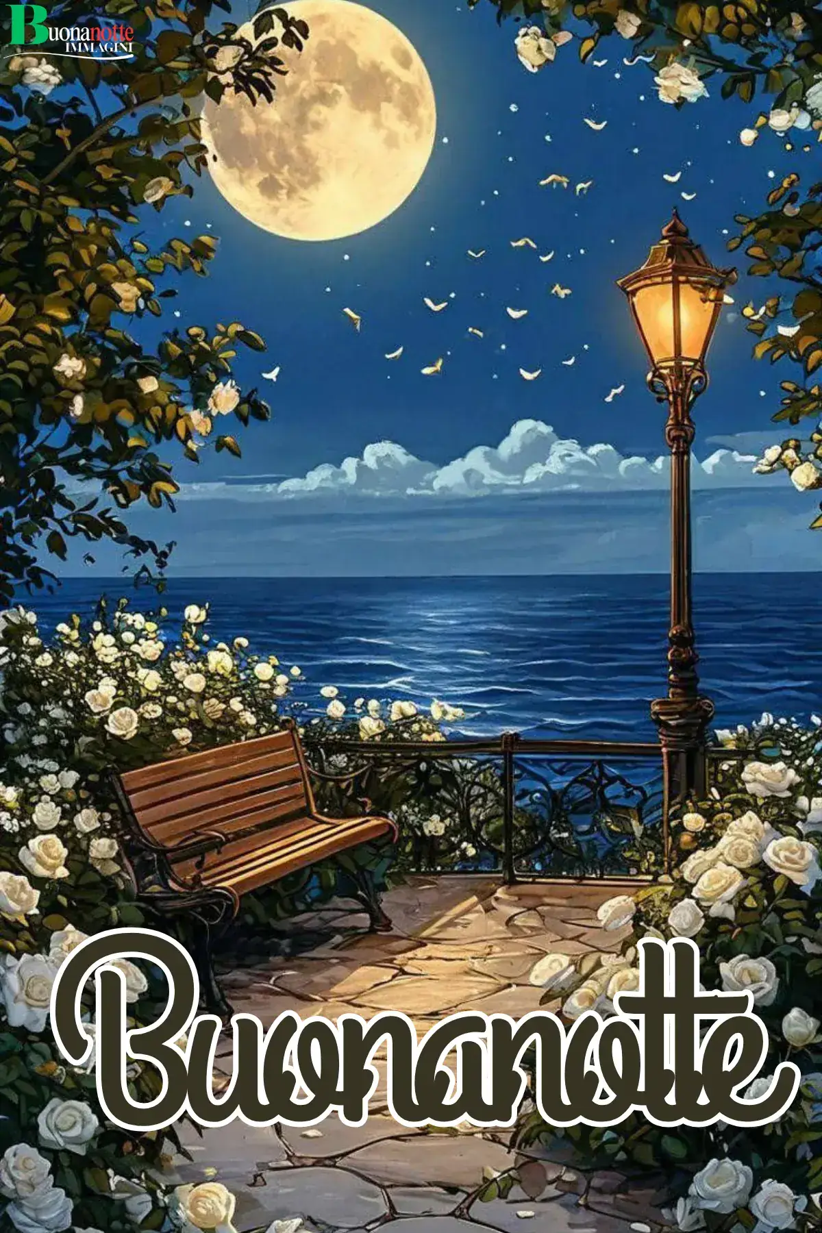 Panchina tra rose bianche vista mare luna piena lampione buonanotte estiva