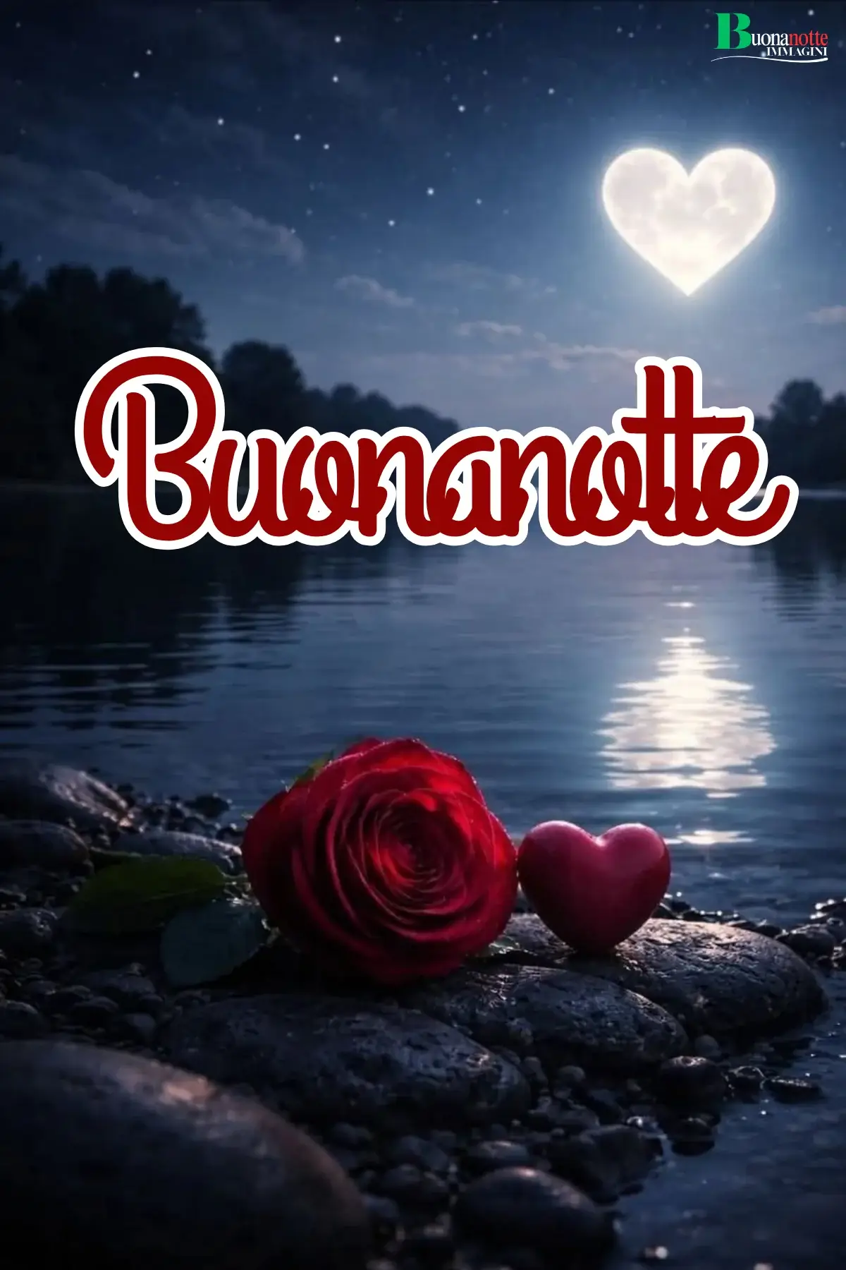Luna a cuore su lago notturno con rosa rossa immagine buonanotte romantica