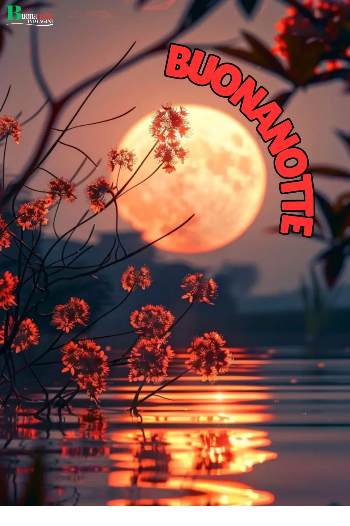 Luna piena arancione riflessa sull'acqua tra fiori immagine buonanotte