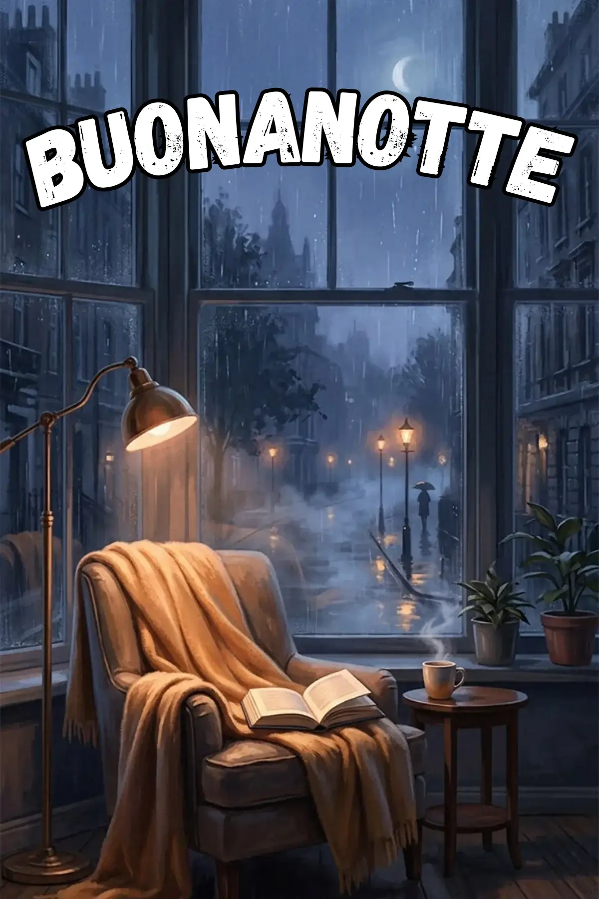 Poltrona con coperta e libro davanti a finestra con pioggia notturna immagine buonanotte bellissima