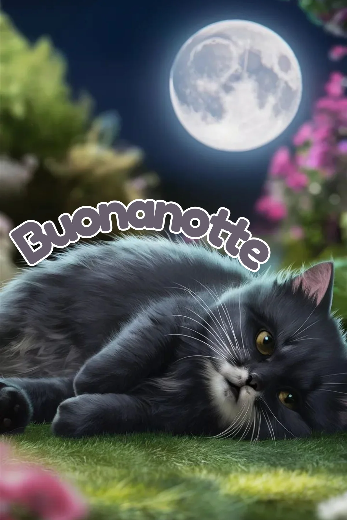 Micio tra i fiori sotto la luna buonanotte estiva