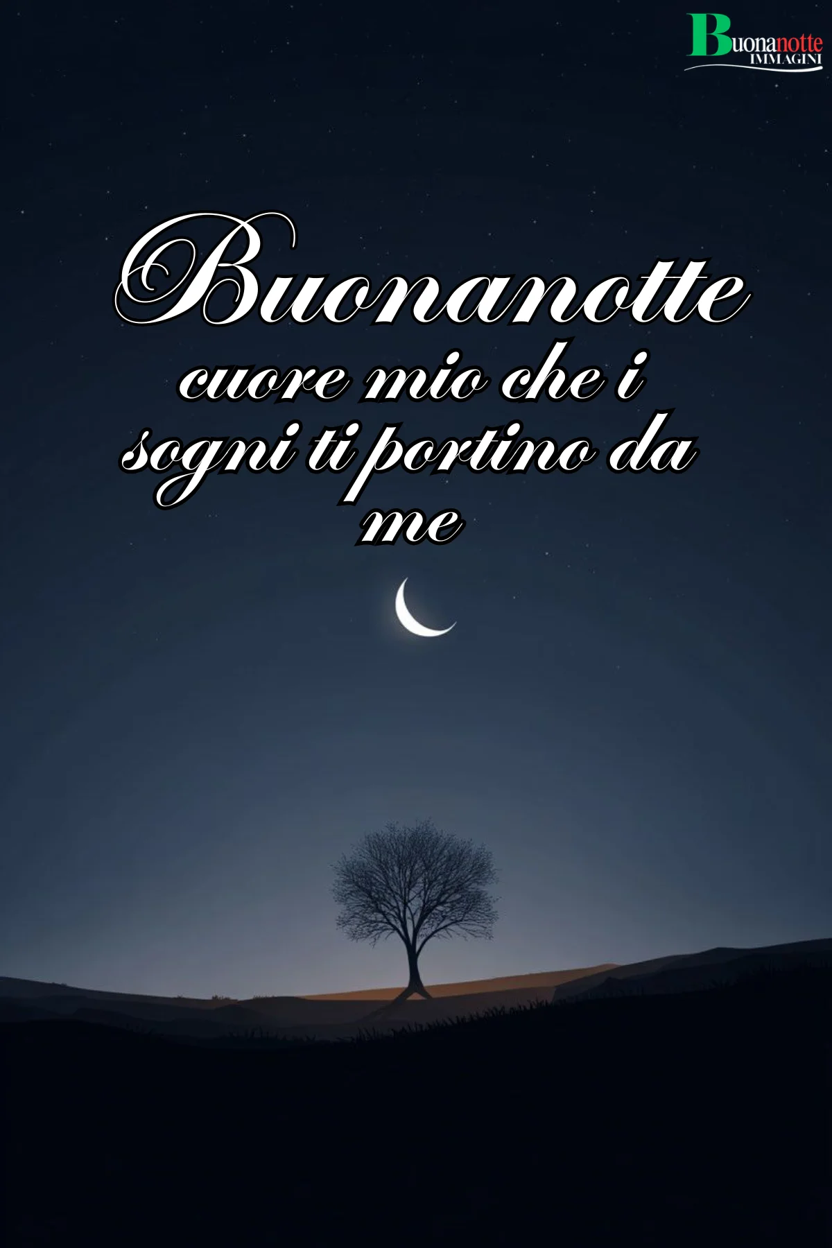 Albero solitario sotto falce di luna nel cielo notturno frasi buonanotte