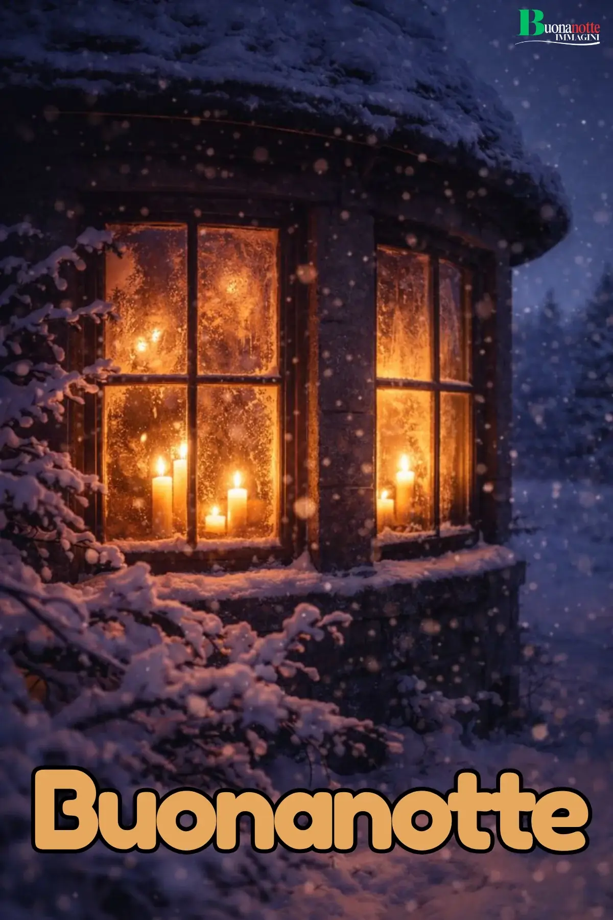 Finestra illuminata da candele con neve notturna immagine buonanotte invernale